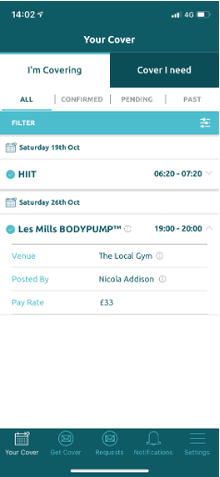 Your Cover screen on the I’m covering tab with the Les Mills BODYPUMP card expanded, showing its venue, the instructor who posted it and the pay rate