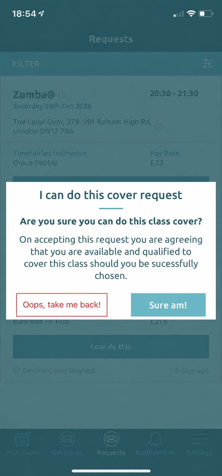 I can do this cover request confirmation pop-up with Sure am! button