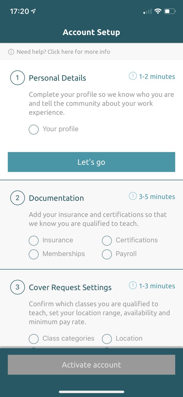 Account setup screen with three stages