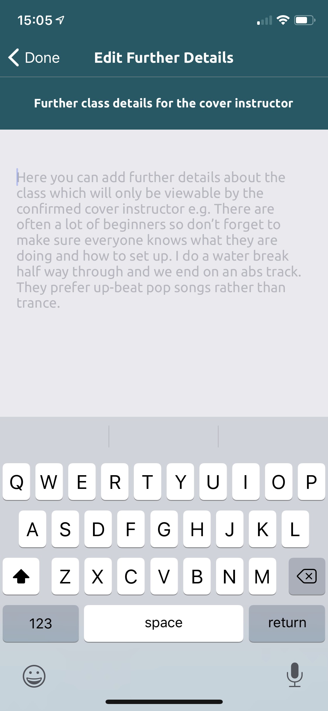 Edit Further Details screen for adding notes to the cover instructor