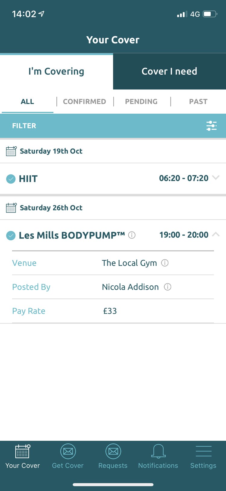 Your Cover tab with I’m Covering and Cover I need tabs and All, Confirmed, Pending and Past filters