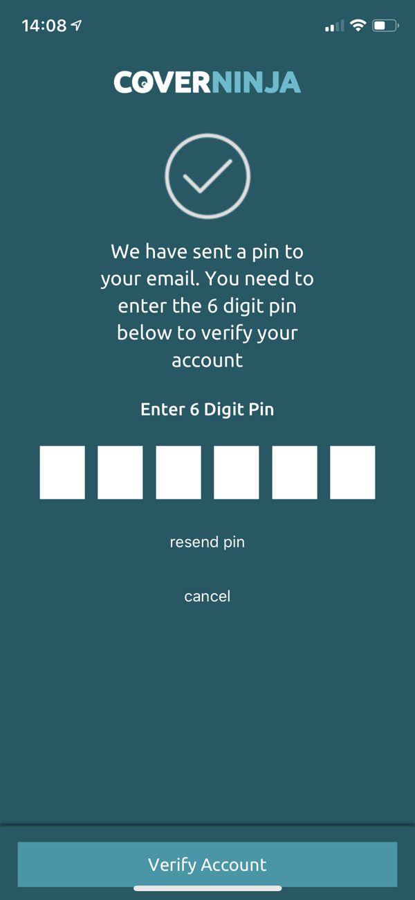 Enter 6 digit pin screen