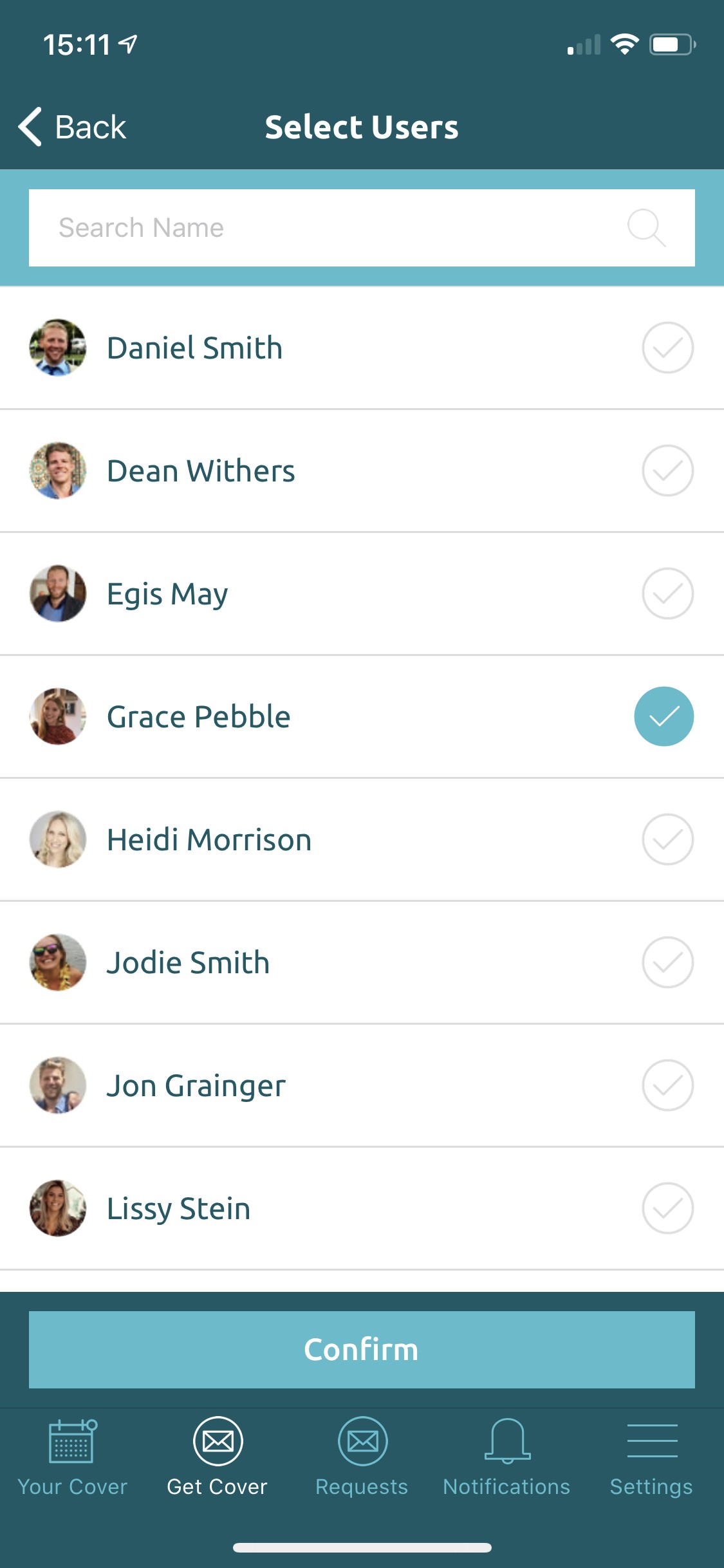 Select Users screen with an instructor selected and the Confirm button