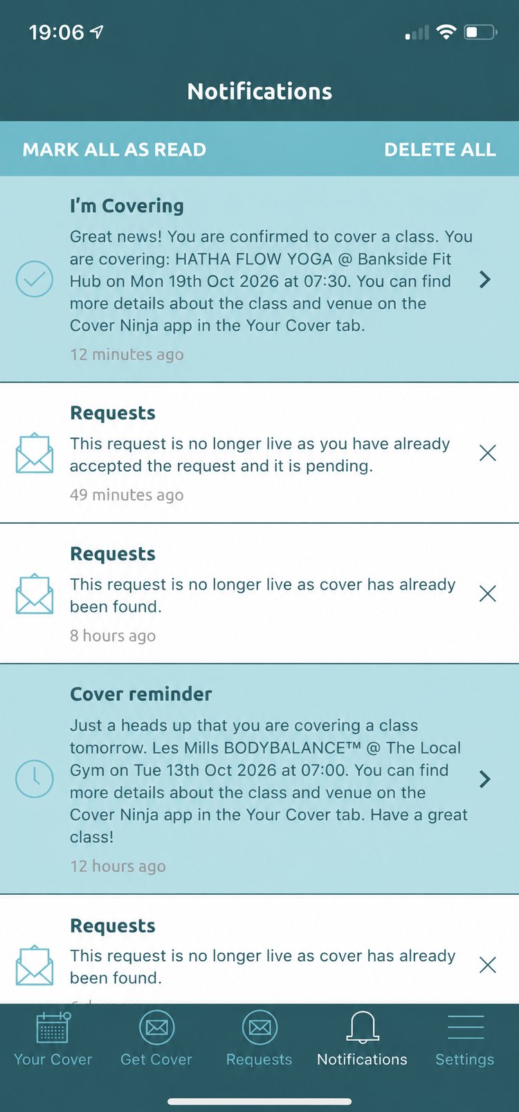 Notifications tab listing confirmations, request updates and cover reminders