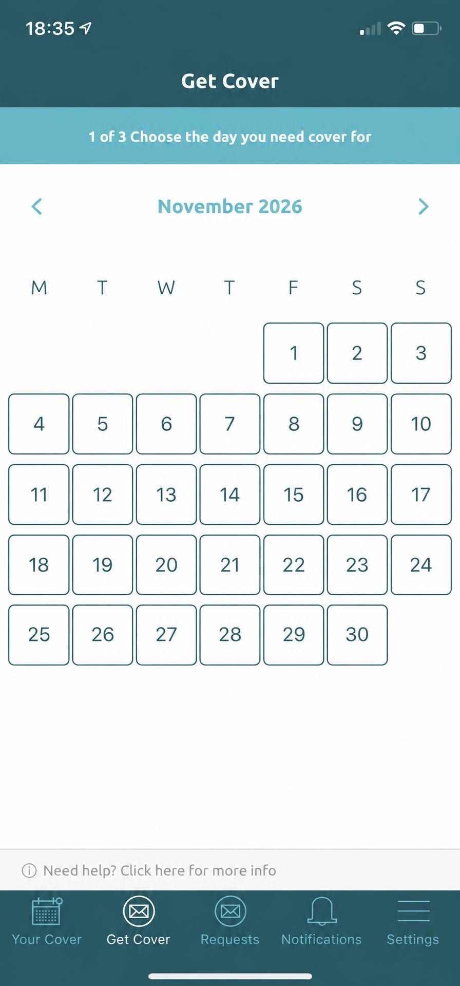 Get Cover calendar showing the dates you can choose