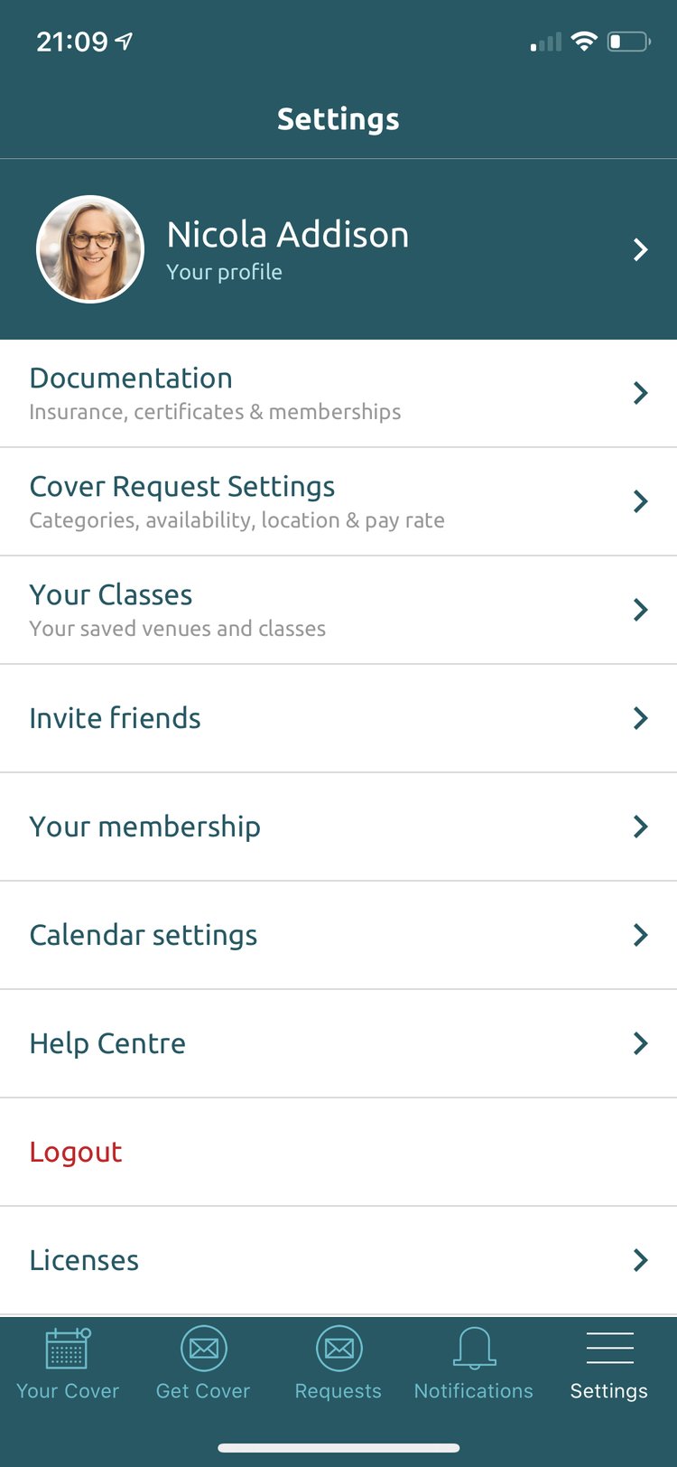 Settings tab showing Your profile, Documentation, Cover Request Settings and more