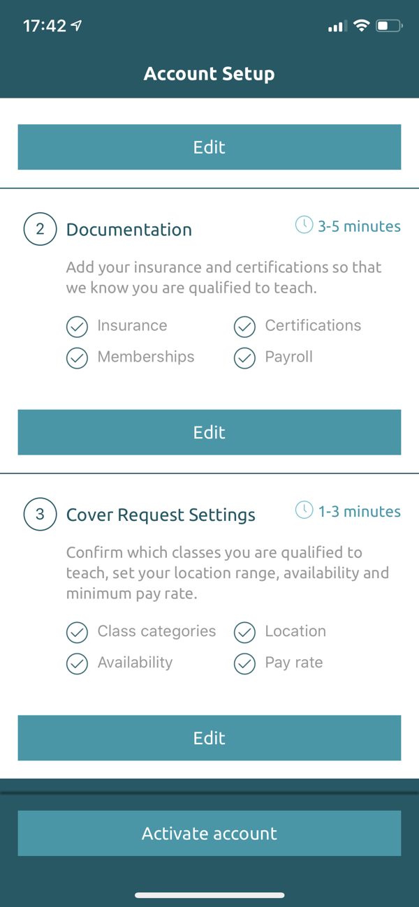 Activate account screen