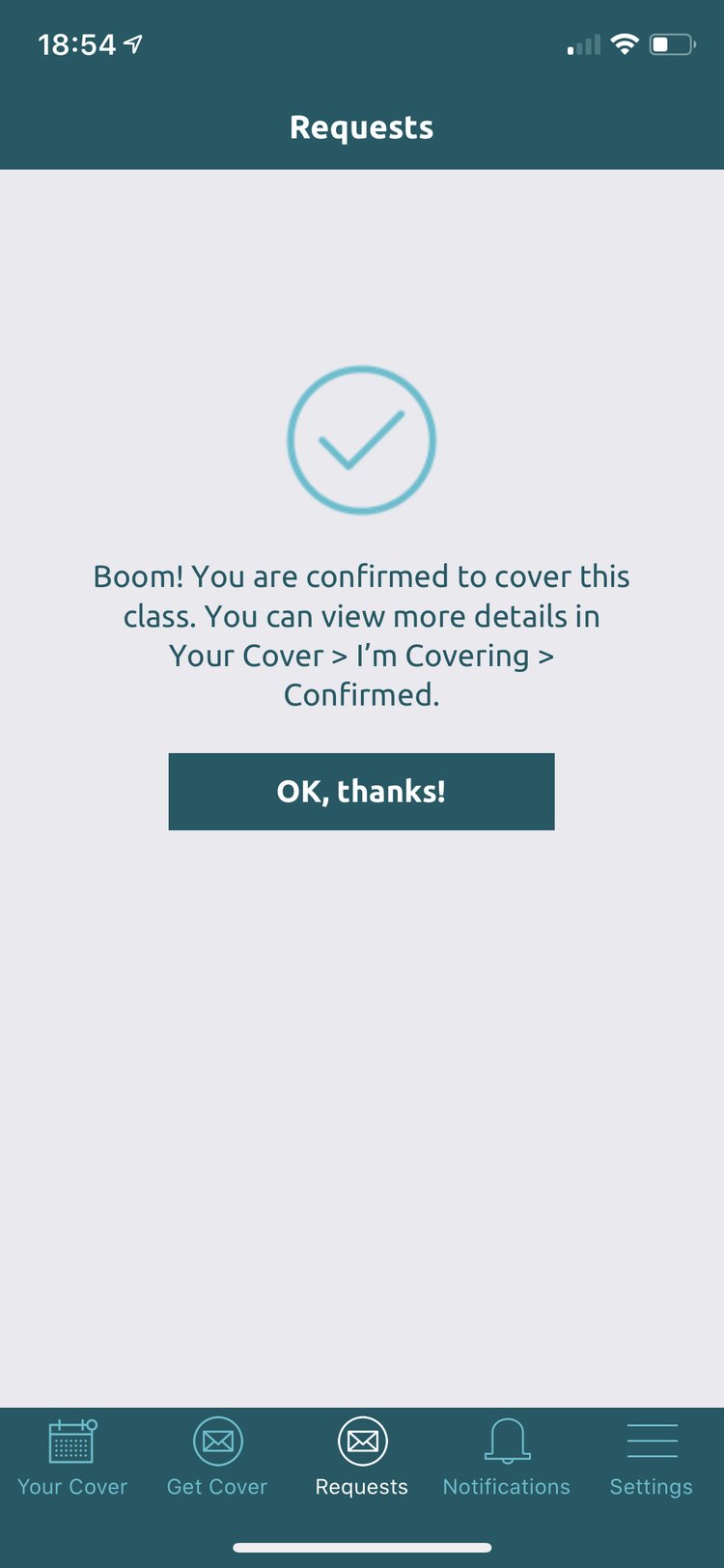 Boom! You are confirmed to cover this class message