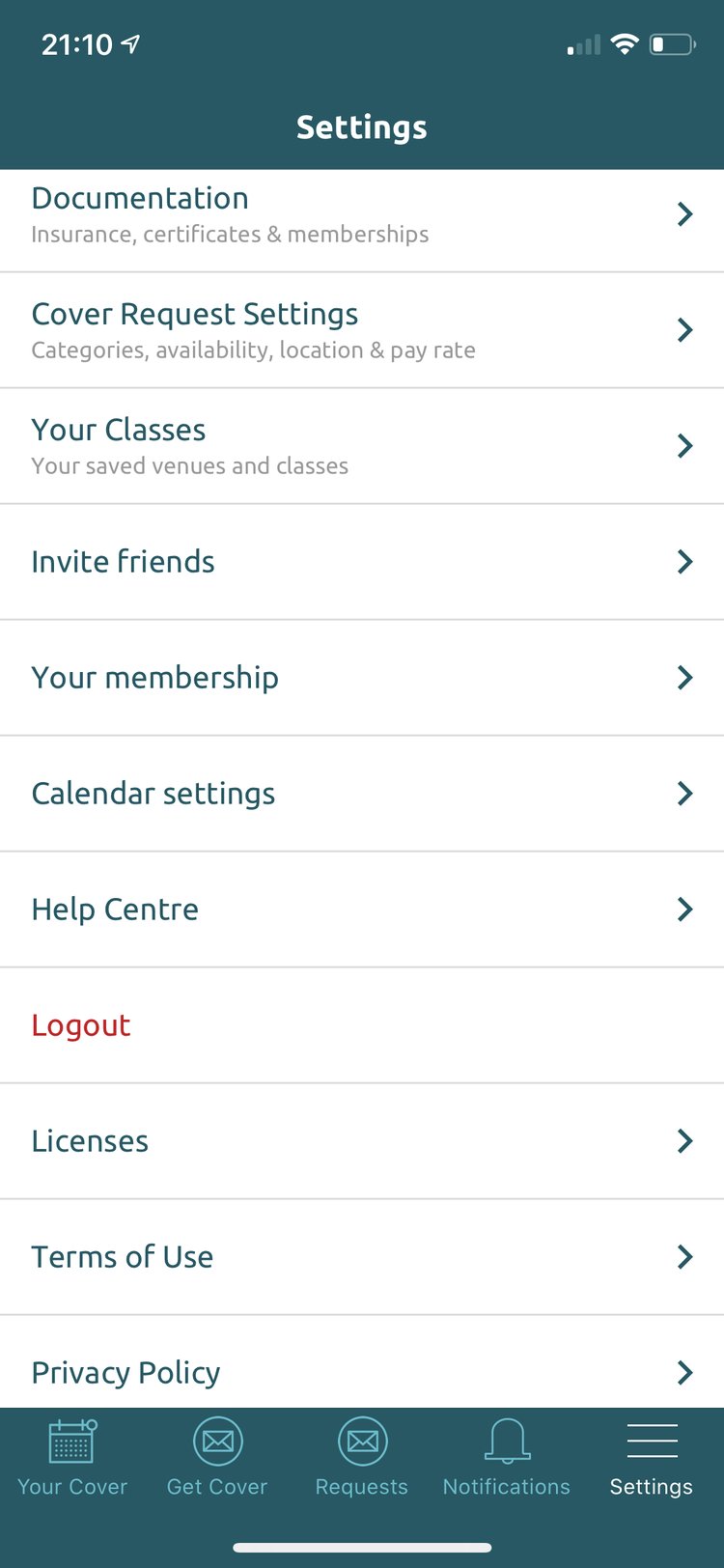 Lower Settings menu with Calendar settings, Help Centre, Logout, Licenses, Terms of Use and Privacy Policy