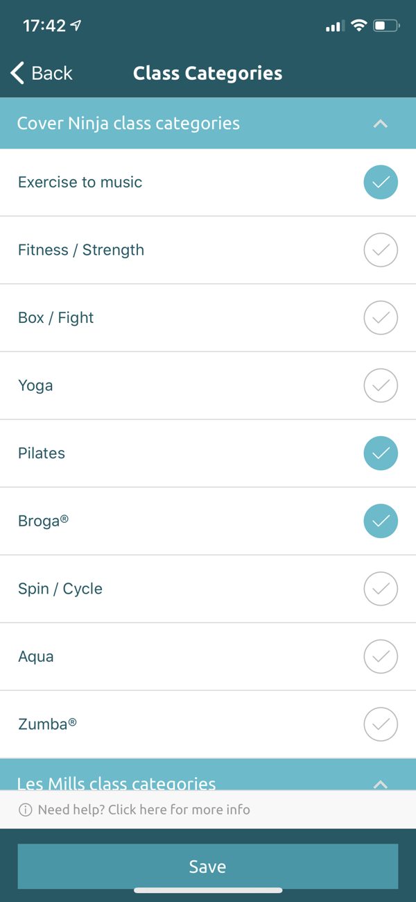 Class categories screen