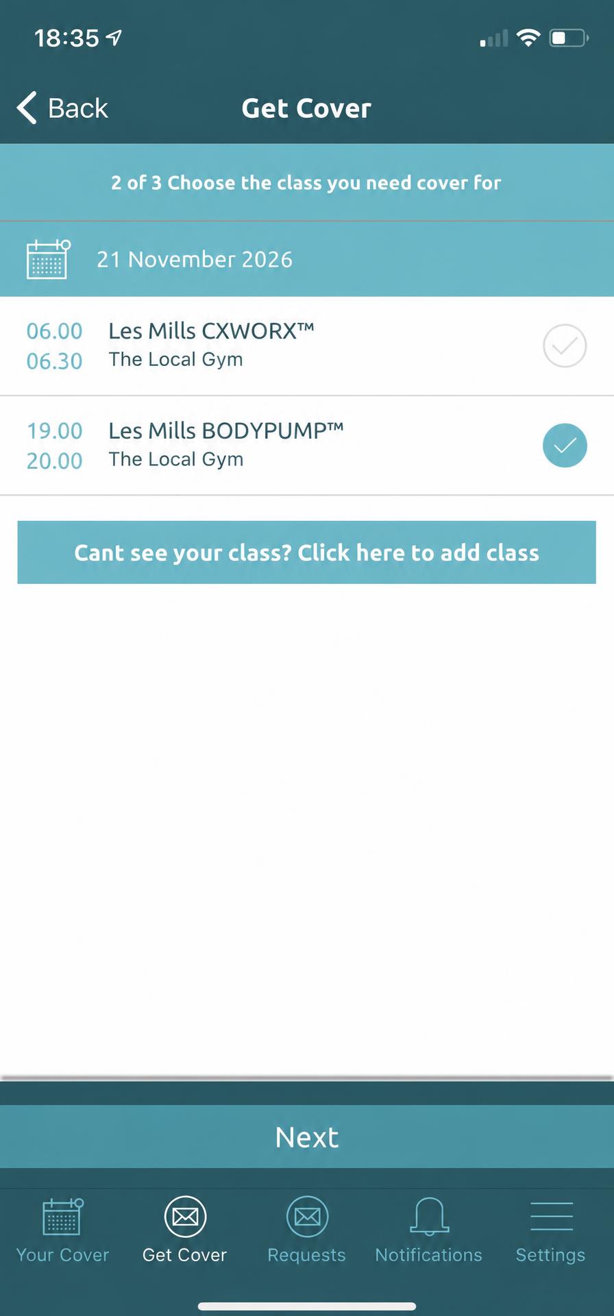 Get Cover class list with a selected class and the Next button