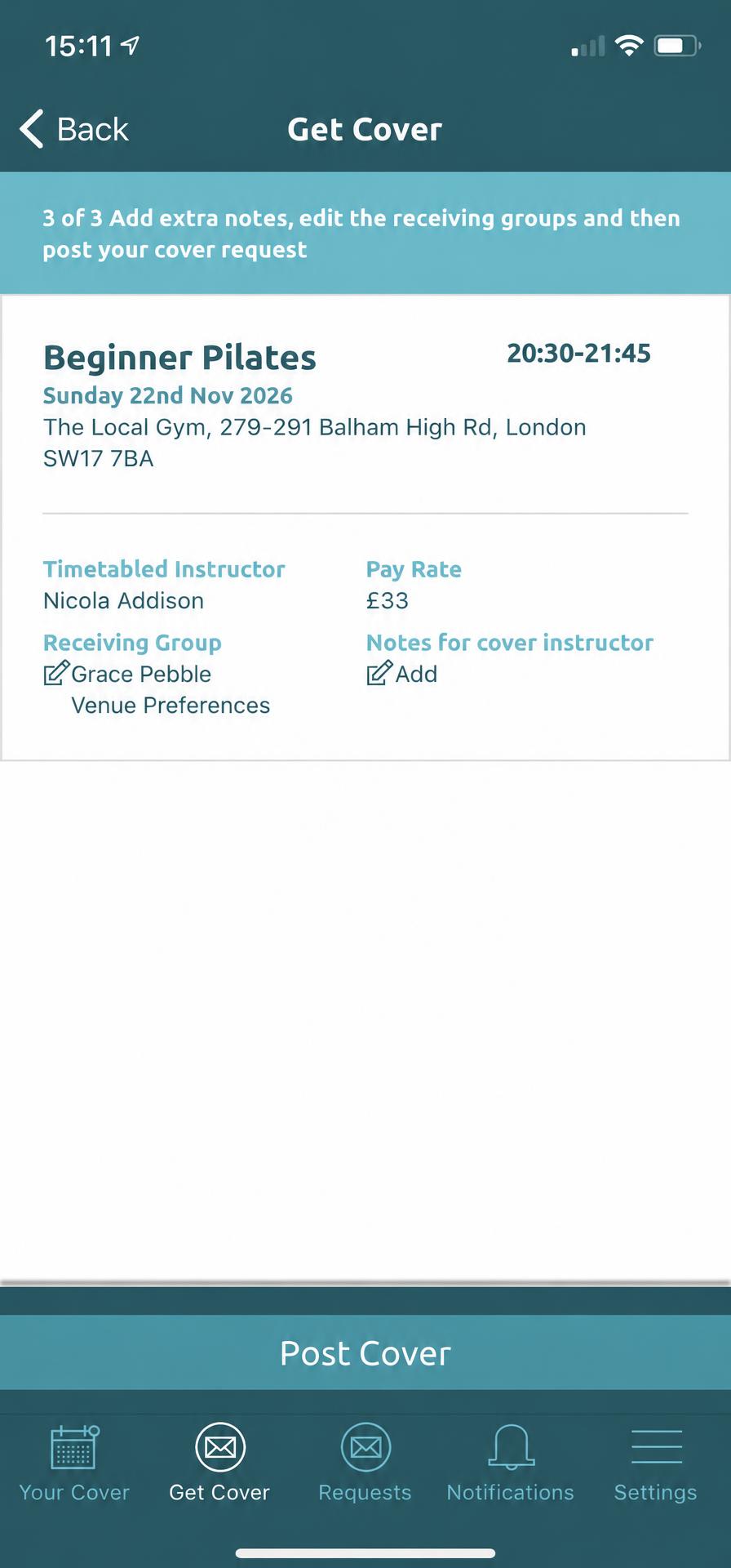 Get Cover request showing a prioritised instructor above Venue Preferences and the Post Cover button