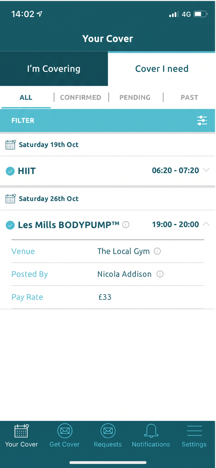 Your Cover screen on the Cover I need tab, showing a confirmed class expanded with its venue, poster and pay rate