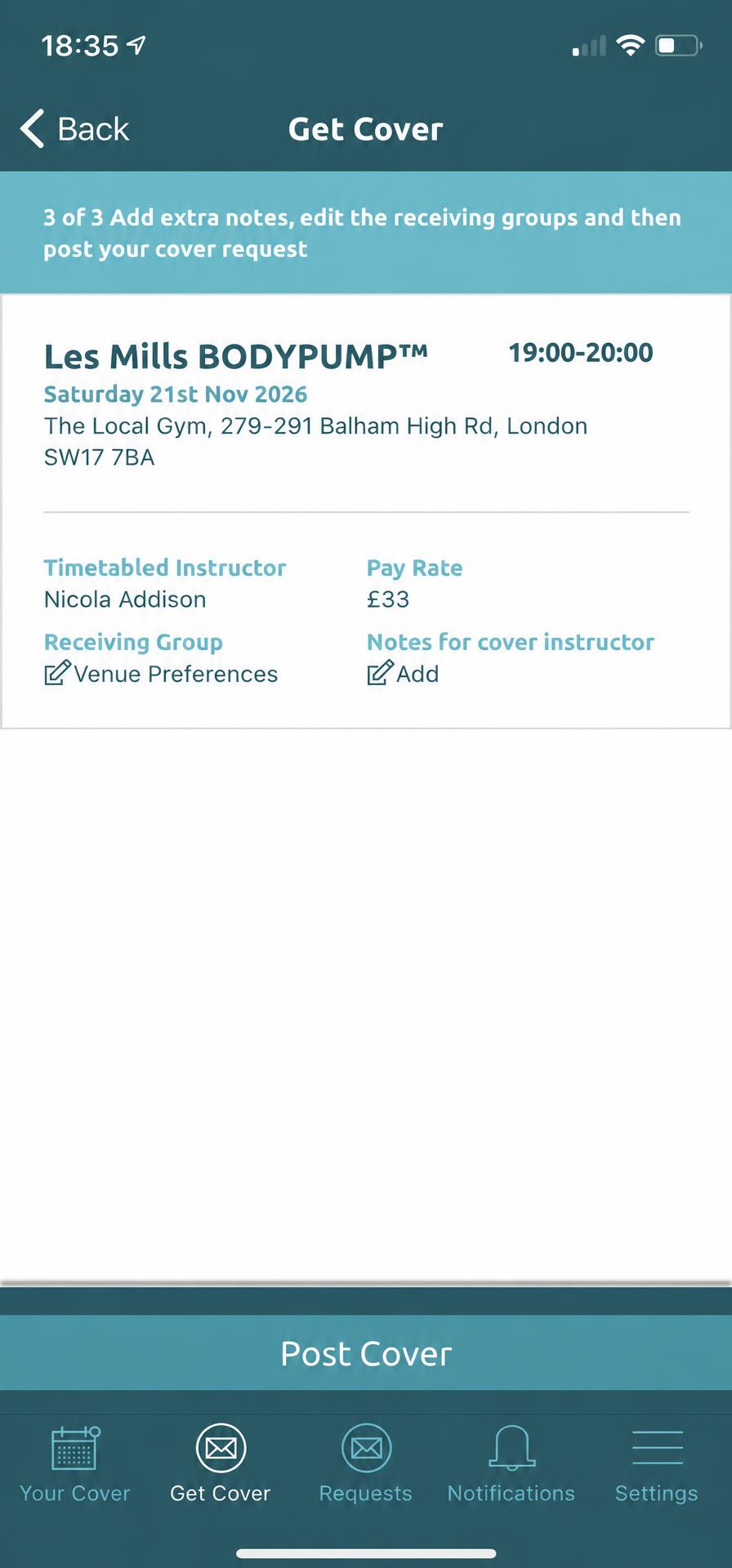 Get Cover class details with the Post Cover button
