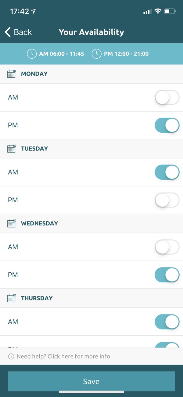 Availability toggles screen